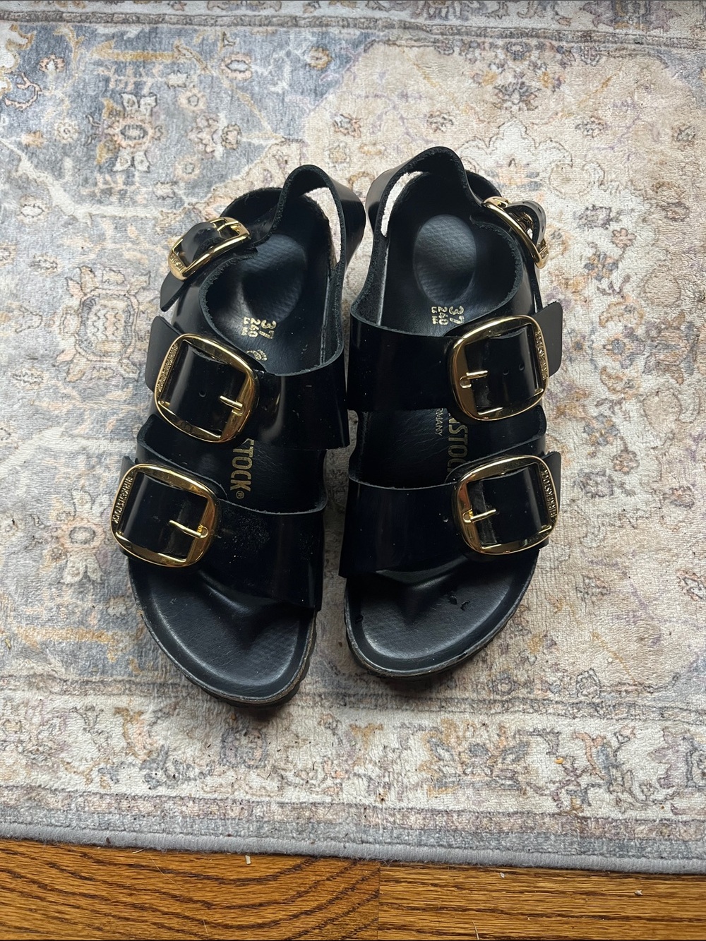 Birkenstock Black Patent Gold Buckle Sandals